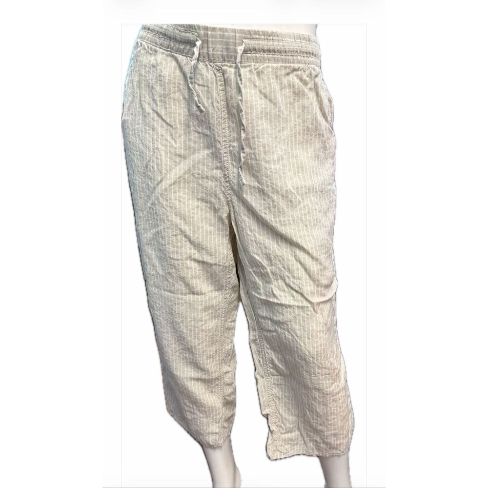 LL Bean Tan Cream Striped Linen Cropped Pants Womens Plus size 20 petite